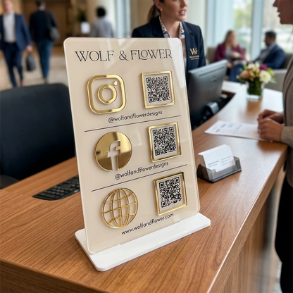 Custom 3D Acrylic Business QR Code Display Stand – Multi-Link Social Media & Payment Sign