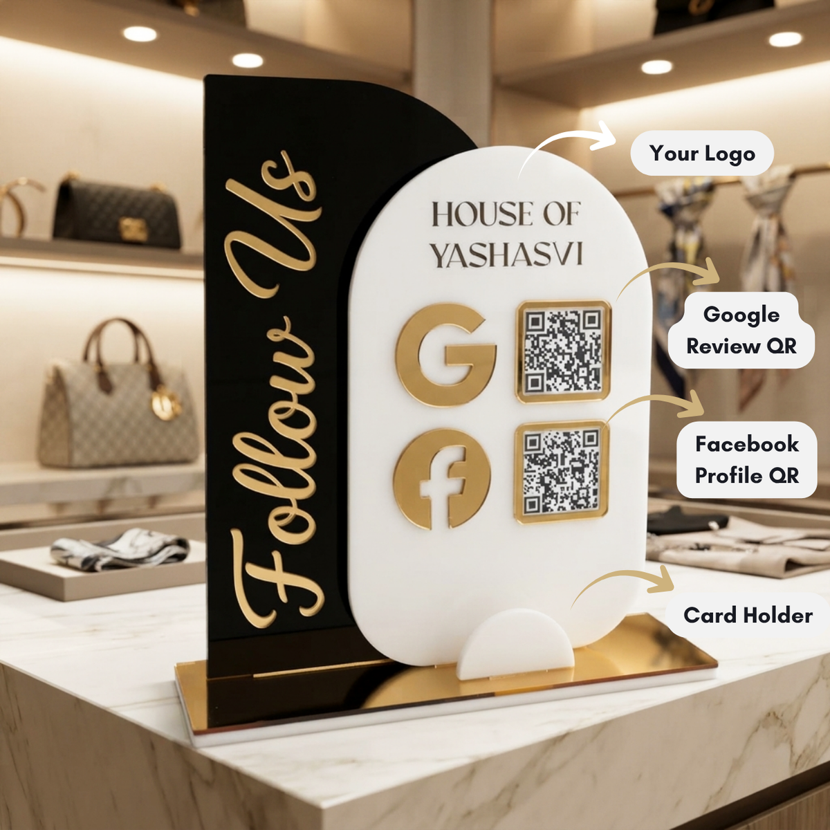 Custom 3D Black Acrylic Social Media Sign with QR Code and Business Card Holder