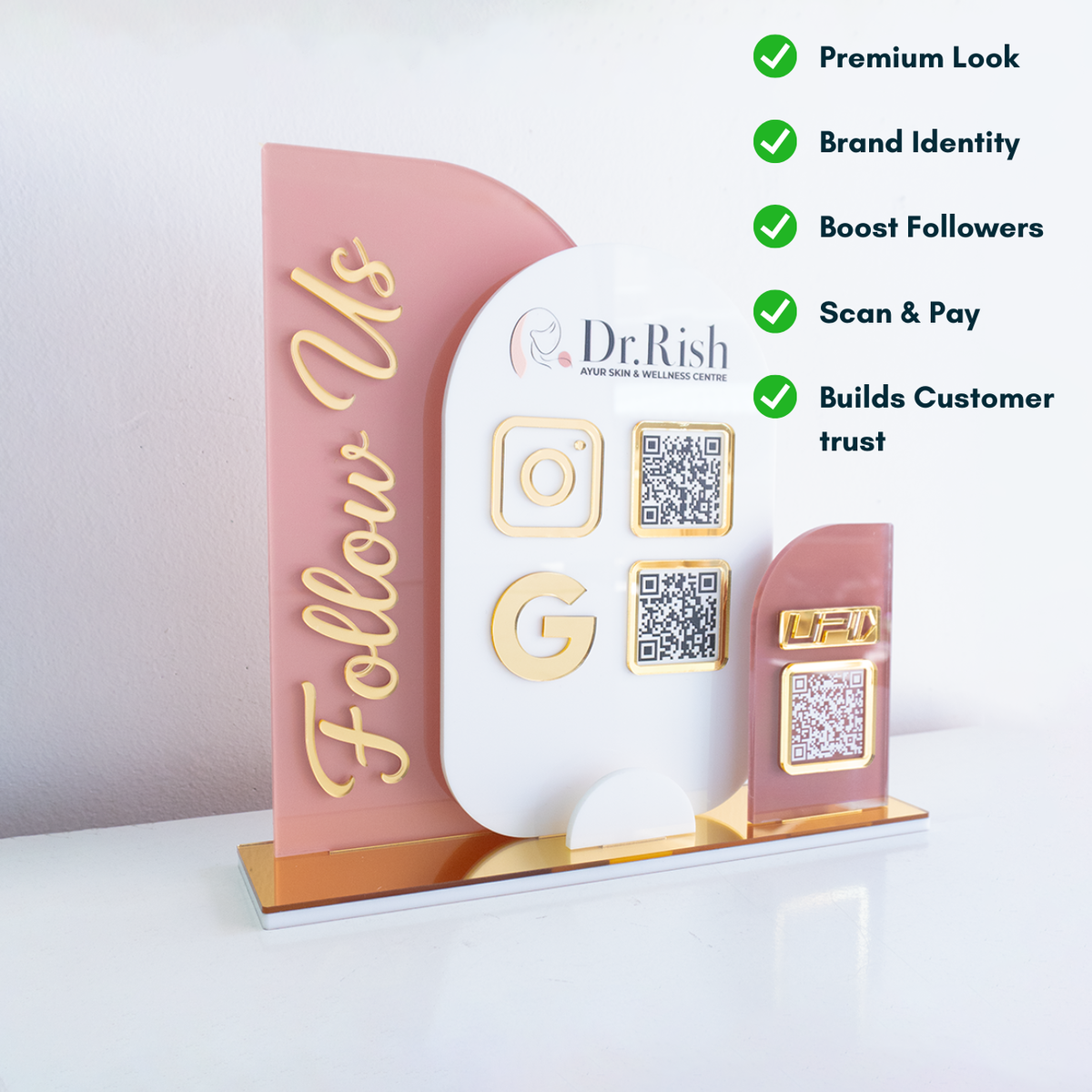 Custom Brand Color Acrylic Business QR Code Stand, Social Media Display & Payment Scanner Board
