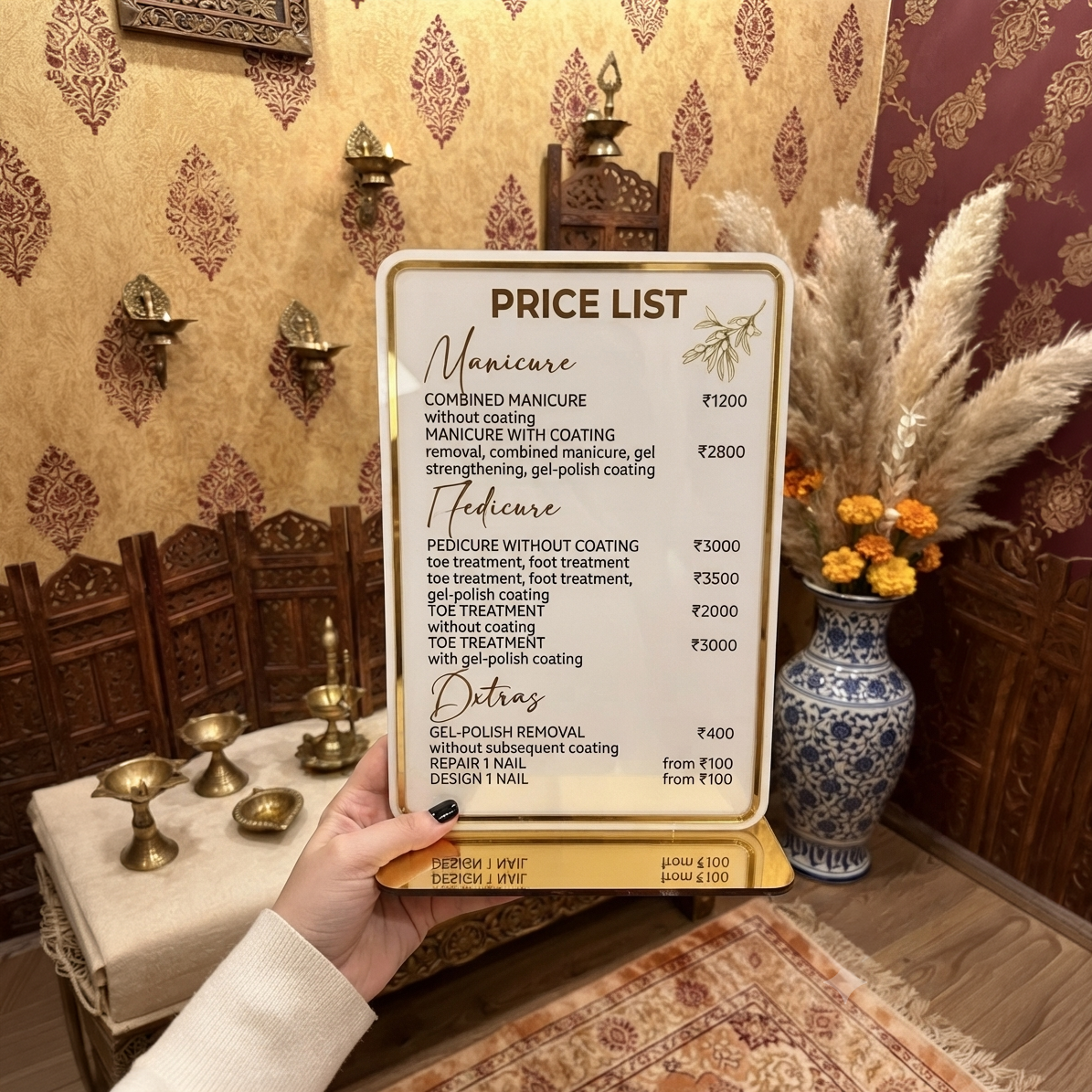Custom Printed Acrylic Price List Standy with Gold Border & Base