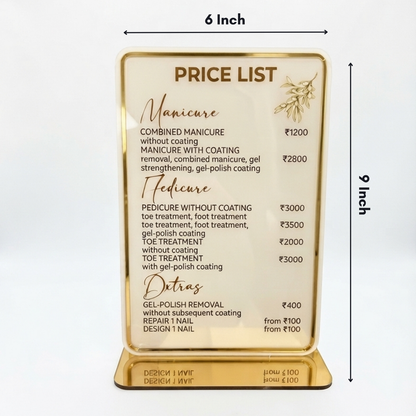 Custom Printed Acrylic Price List Standy with Gold Border & Base