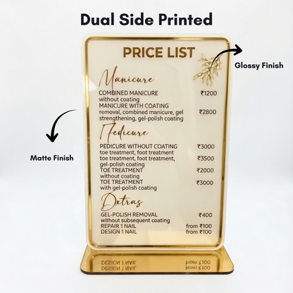 Custom Printed Acrylic Price List Standy with Gold Border & Base