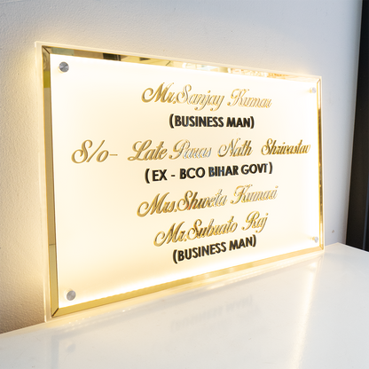 Personalized LED Backlit Acrylic Name Plate – 3D Gold Mirror Lettering with Golden Mirror Frame, Weatherproof LED Lighting for Home/Office