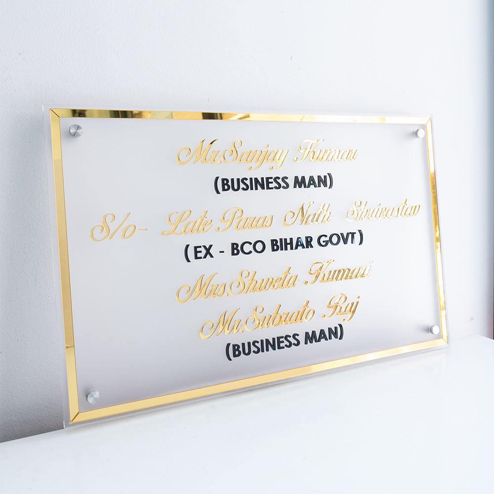 Personalized LED Backlit Acrylic Name Plate – 3D Gold Mirror Lettering with Golden Mirror Frame, Weatherproof LED Lighting for Home/Office