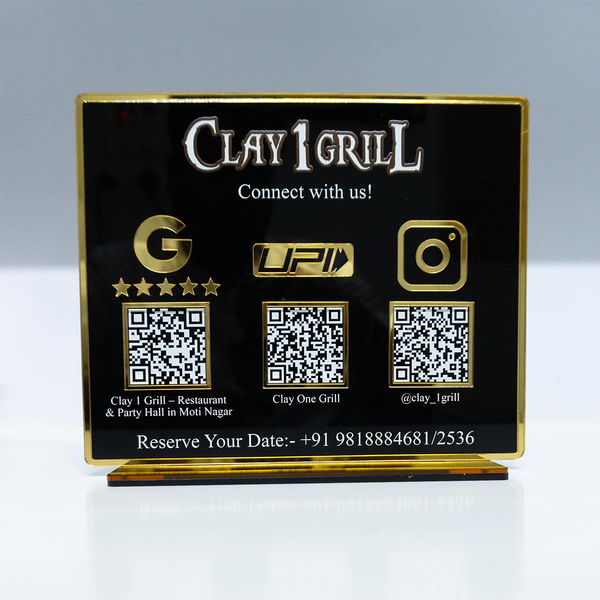 Customized Business Black Acrylic QR Stand with Gold Border - Scan & Pay
