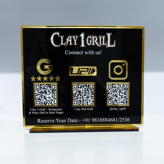 Customized Business Black Acrylic QR Stand with Gold Border - Scan & Pay