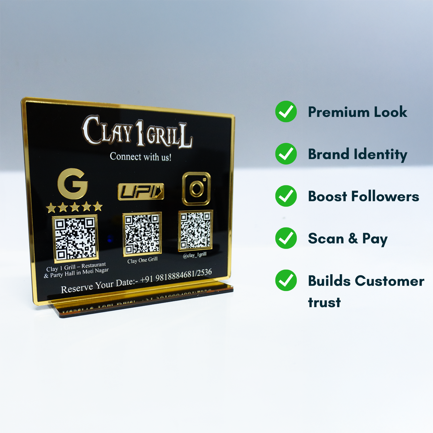 Customized Business Black Acrylic QR Stand with Gold Border - Scan & Pay