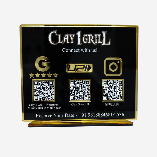 Customized Business Black Acrylic QR Stand with Gold Border - Scan & Pay