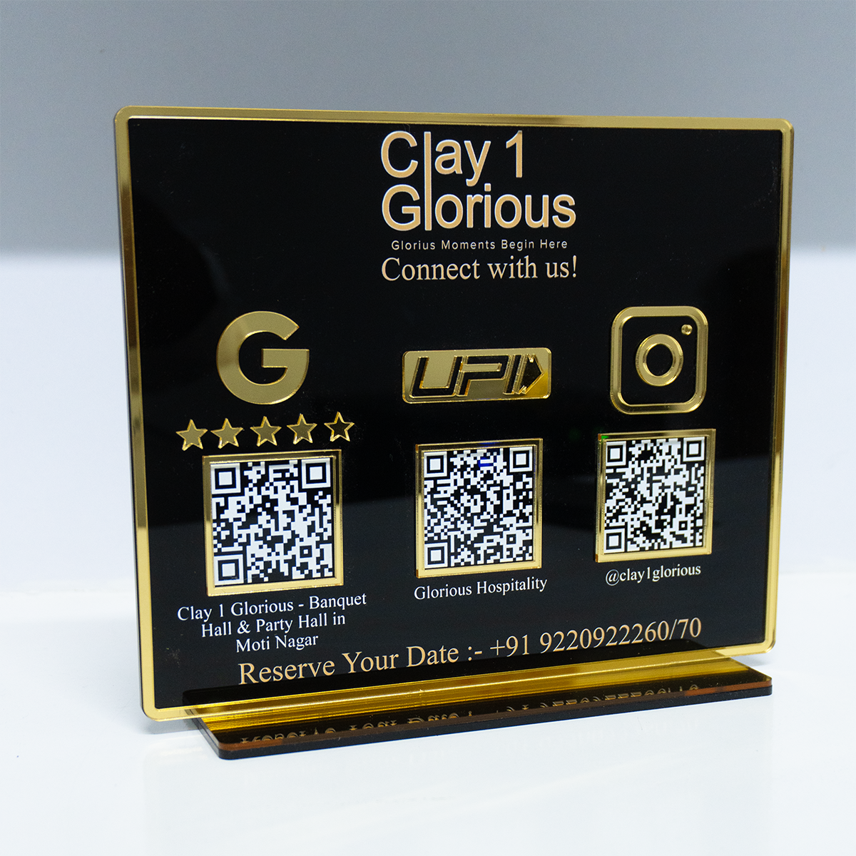 Customized Business Black Acrylic QR Stand with Gold Border - Scan & Pay