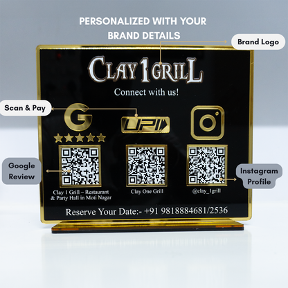 Customized Business Black Acrylic QR Stand with Gold Border - Scan & Pay