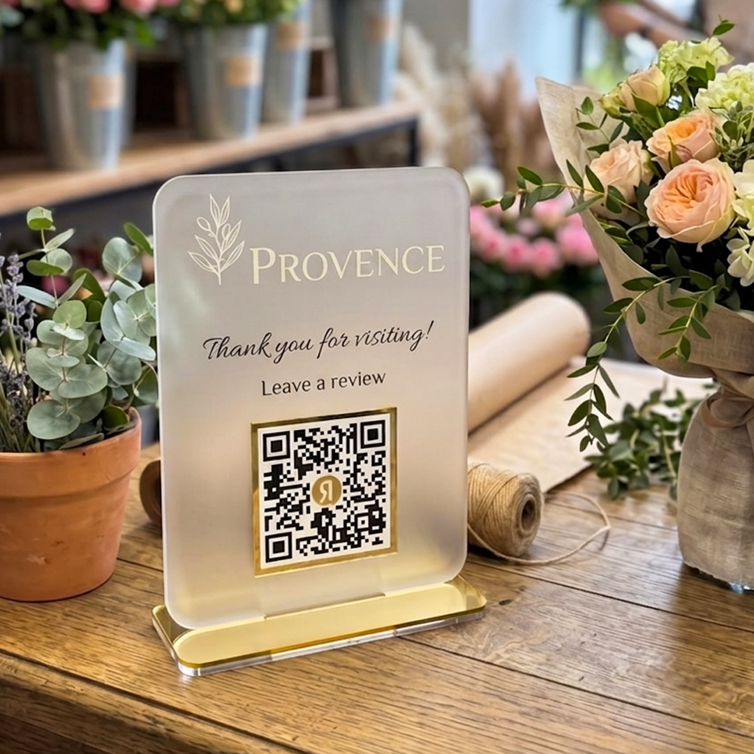 Frosted Acrylic QR Code Stand – Custom Gold Base Review & Payment Sign