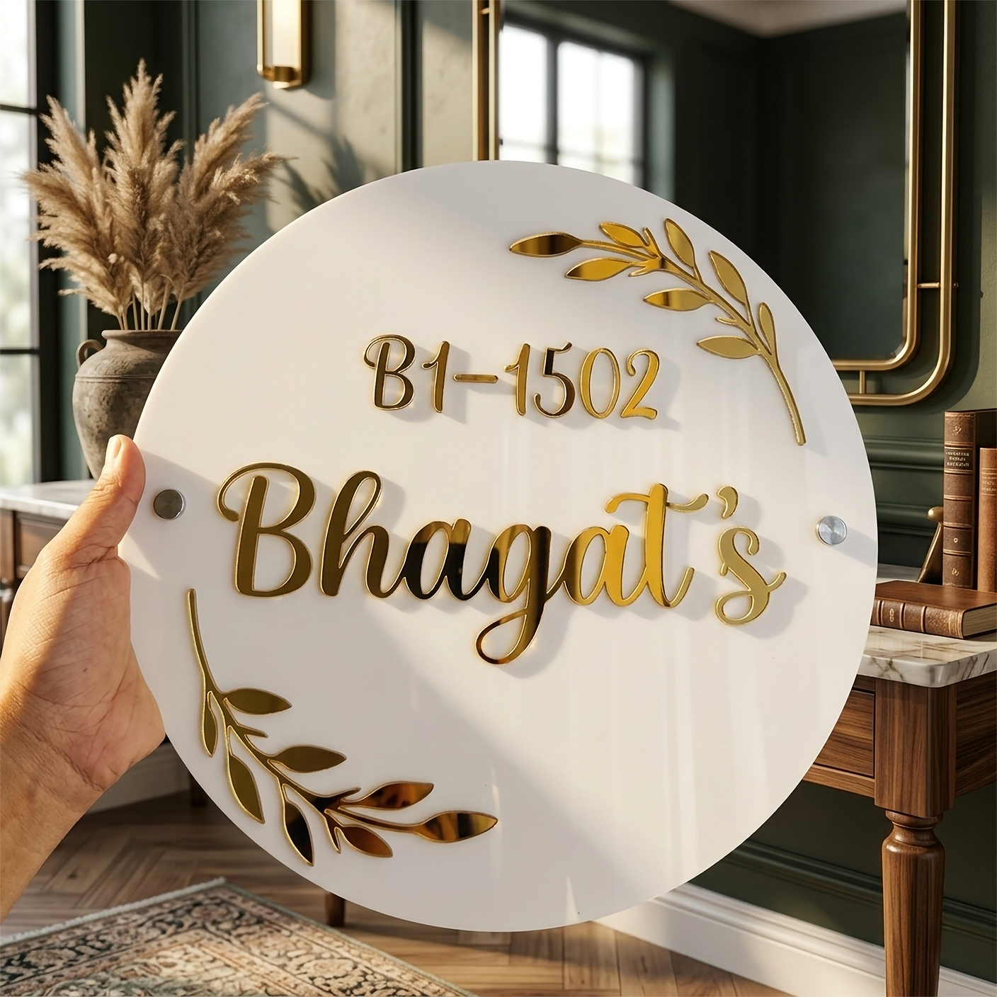 Luxury Round Acrylic Name Plate – Customized House Number & Family Name in Gold Finish