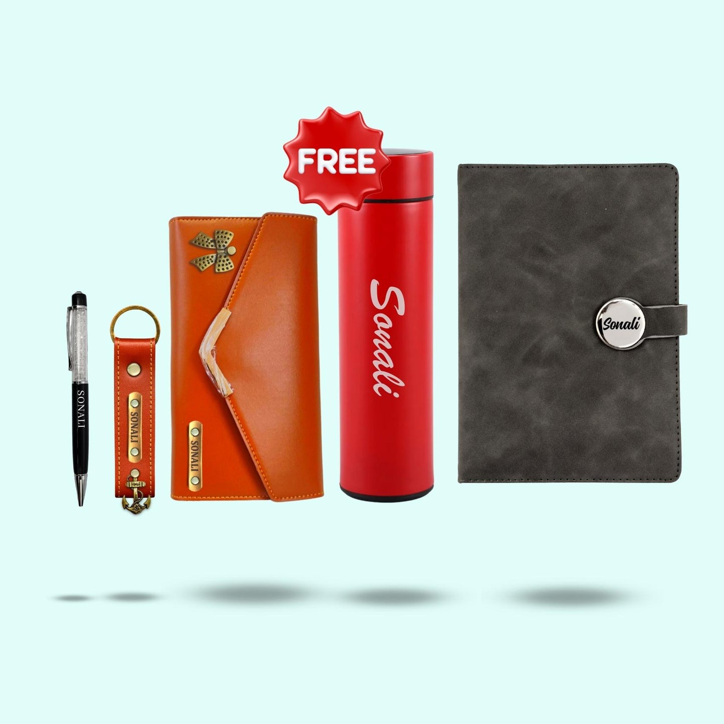 Personalised Essential Hamper for Women 5-in-1 - Women's wallet, Keychain, Diary, Pen & Free Bottle