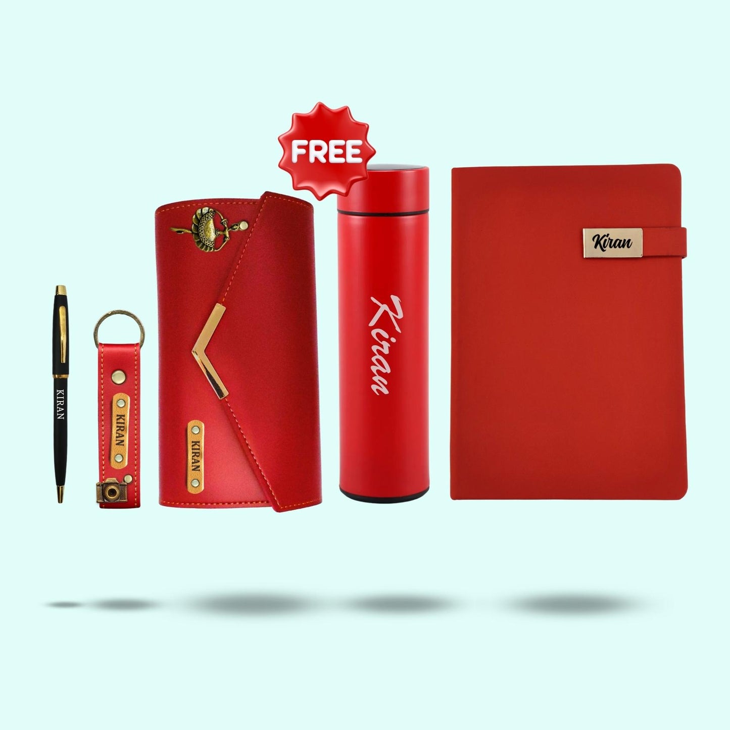 Personalised Essential Hamper for Women 5-in-1 - Women Men's wallet, Keychain, Diary, Pen & Free Bottle