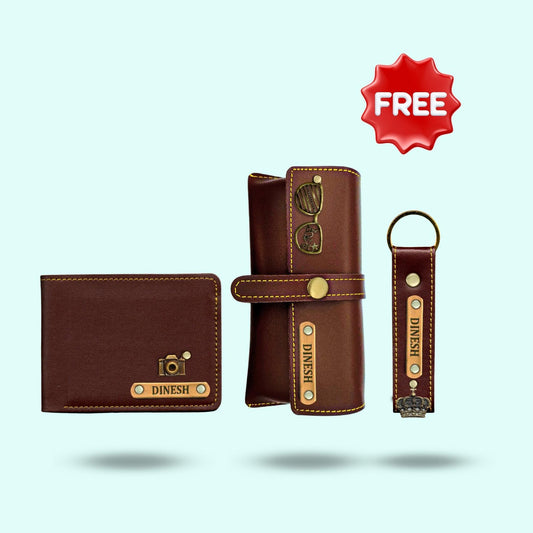 Personalized 3-in-1 Special Gift Hamper For Men - Dark Brown - Includes 1 Free Keychain