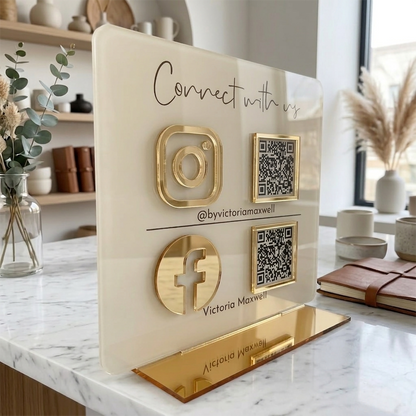 Personalized Premium Acrylic QR Stand with 3D Icons - Off White