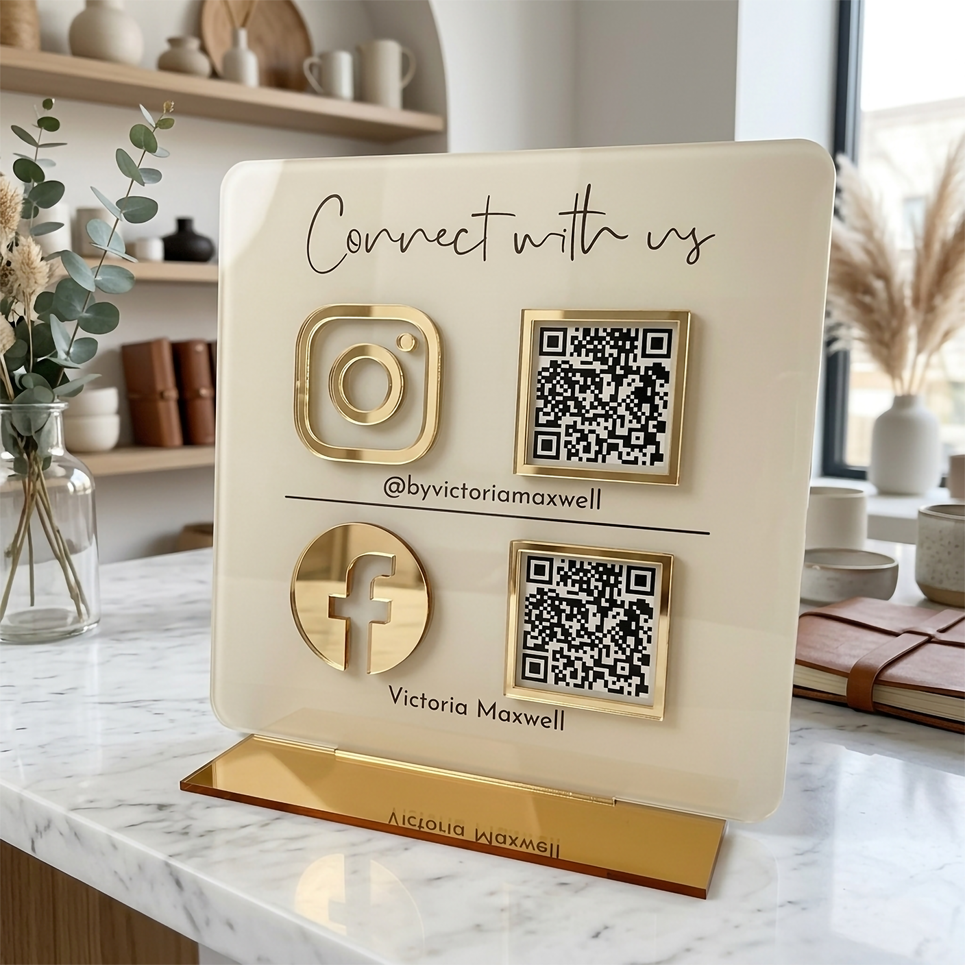 Personalized Premium Acrylic QR Stand with 3D Icons - Off White