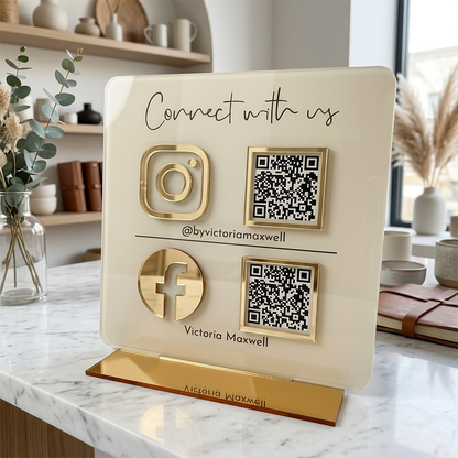 Personalized Premium Acrylic QR Stand with 3D Icons - Off White