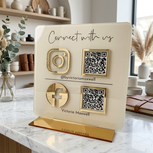 Personalized Premium Acrylic QR Stand with 3D Icons - Off White