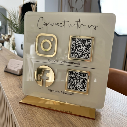 Personalized Premium Acrylic QR Stand with 3D Icons - Off White