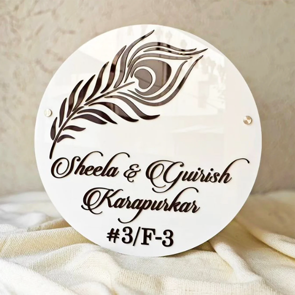 Personalized Round Home Name Plate with Peacock Feather Design – Custom Family Name & Flat Number