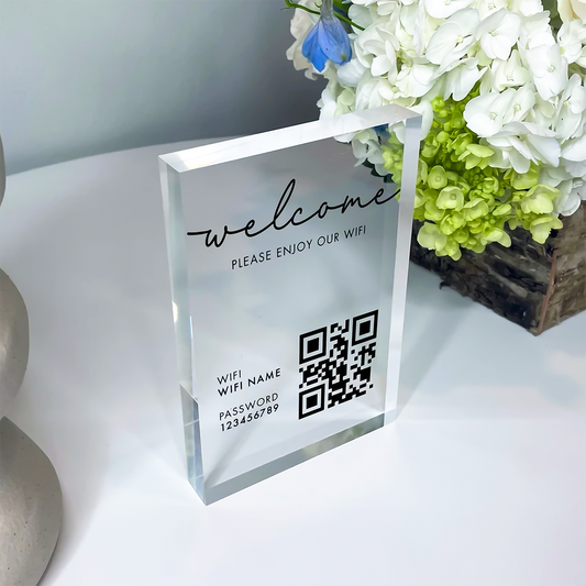 Personalized WiFi Acrylic Block with Network Name, Password and Scannable QR Code for Home, Office, Coffee Shop, Internet Cafe, Lobby