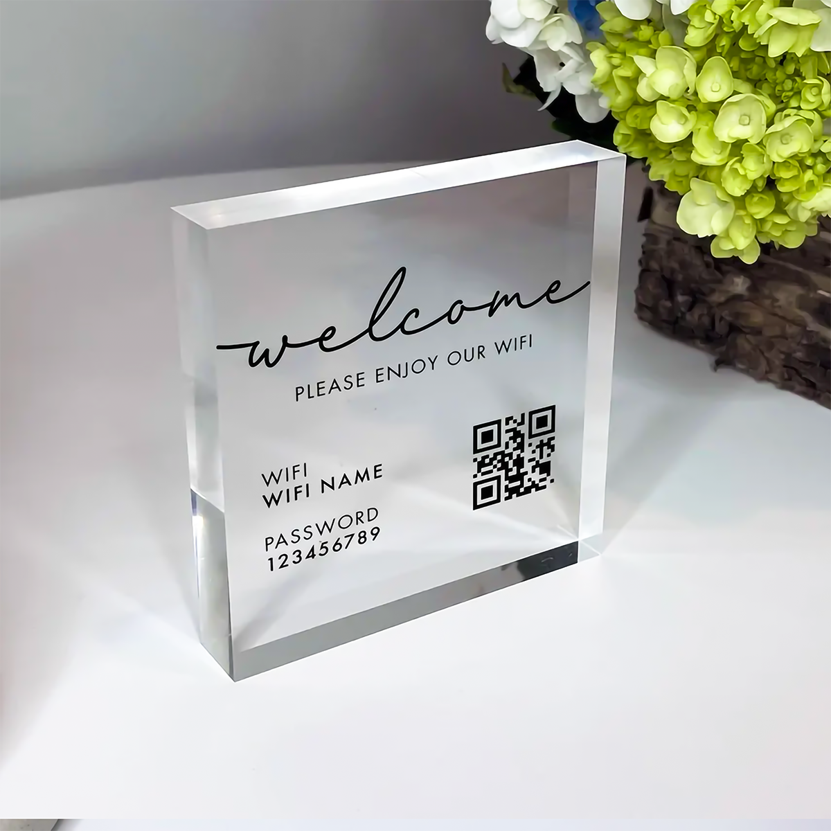 Personalized WiFi Acrylic Block with Network Name, Password and Scannable QR Code for Home, Office, Coffee Shop, Internet Cafe, Lobby