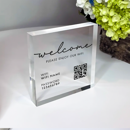 Personalized WiFi Acrylic Block with Network Name, Password and Scannable QR Code for Home, Office, Coffee Shop, Internet Cafe, Lobby