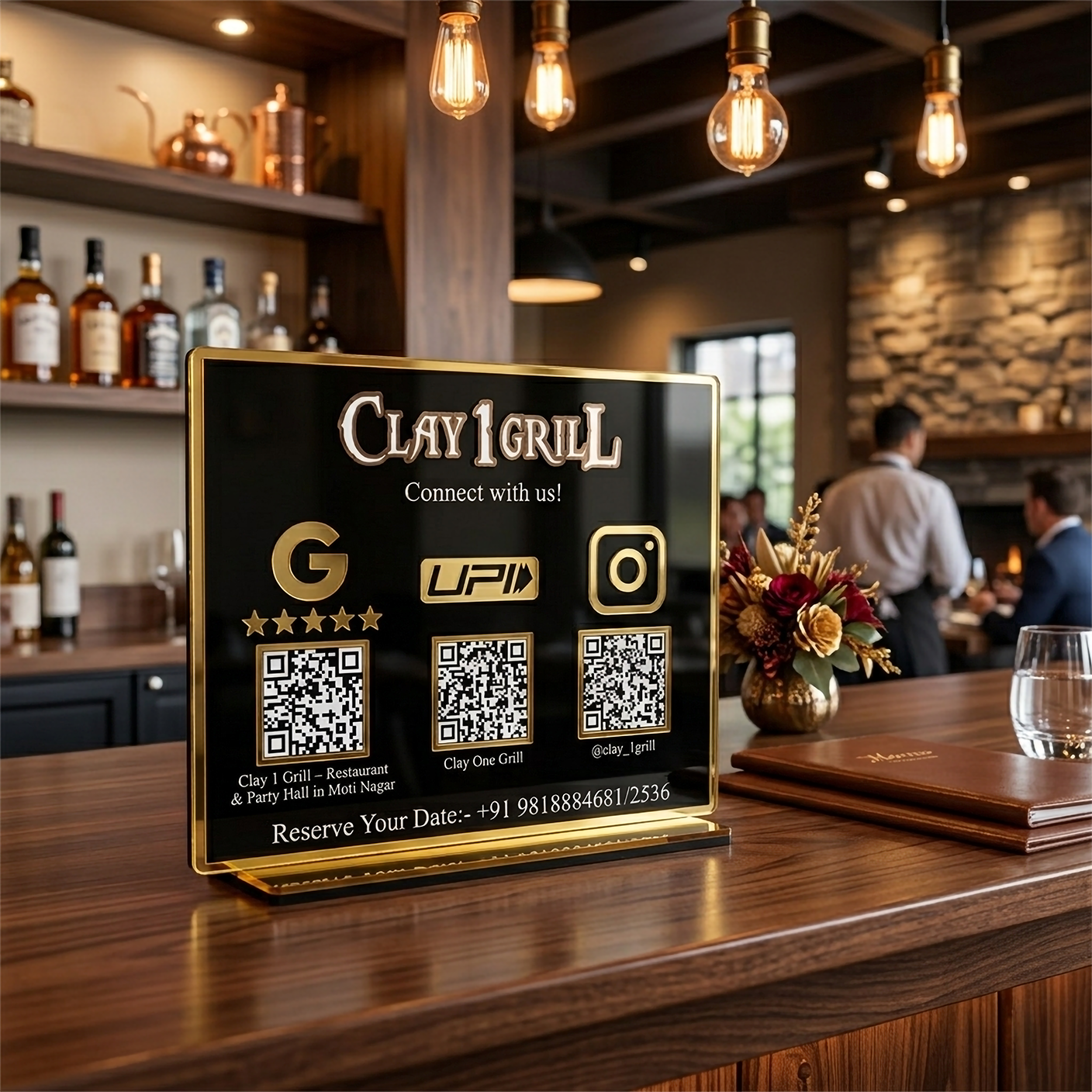 Customized Business Black Acrylic QR Stand with Gold Border - Scan & Pay