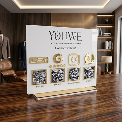4-in-1 Premium Acrylic QR Code Stand for Countertop – Custom UPI Payment, Google Review, Instagram & WhatsApp Business Scanner Display Sign