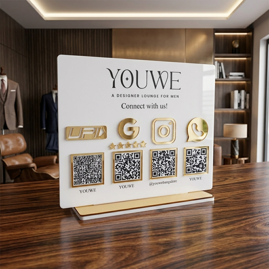 4-in-1 Premium Acrylic QR Code Stand for Countertop – Custom UPI Payment, Google Review, Instagram & WhatsApp Business Scanner Display Sign