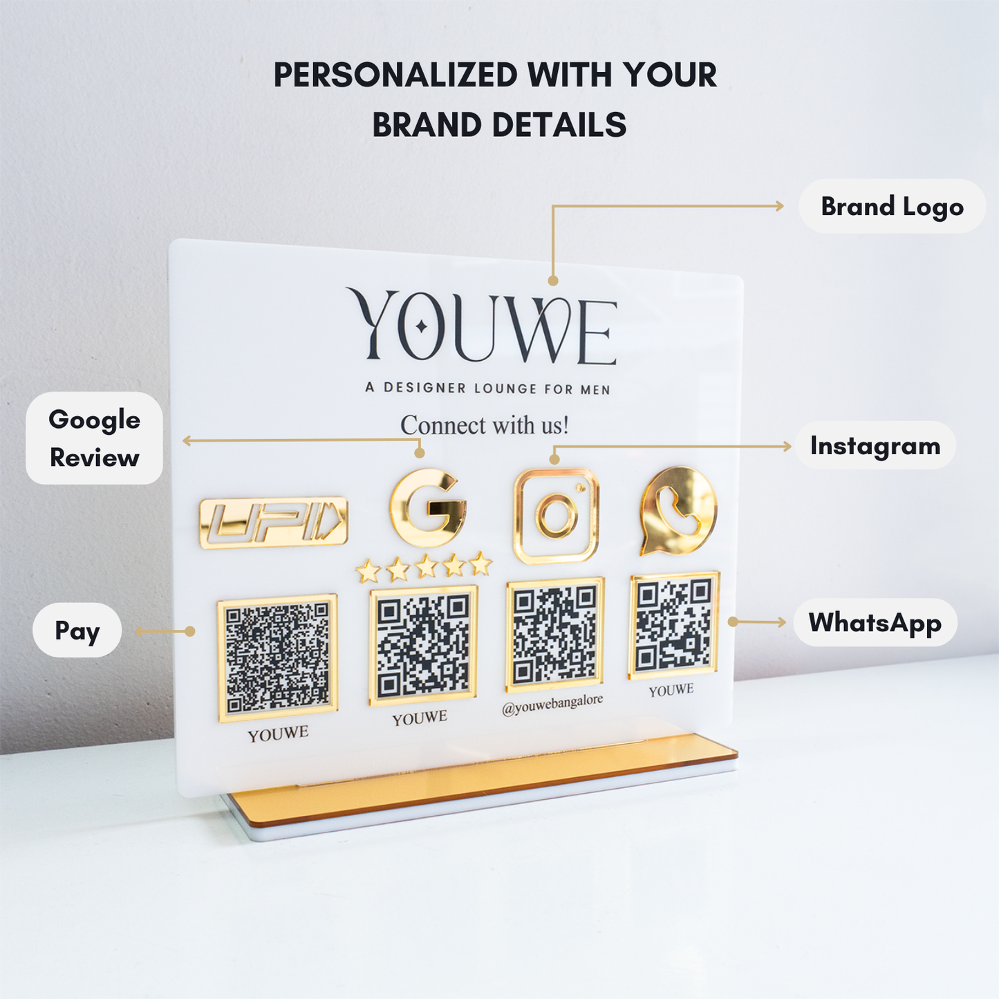 4-in-1 Premium Acrylic QR Code Stand for Countertop – Custom UPI Payment, Google Review, Instagram & WhatsApp Business Scanner Display Sign