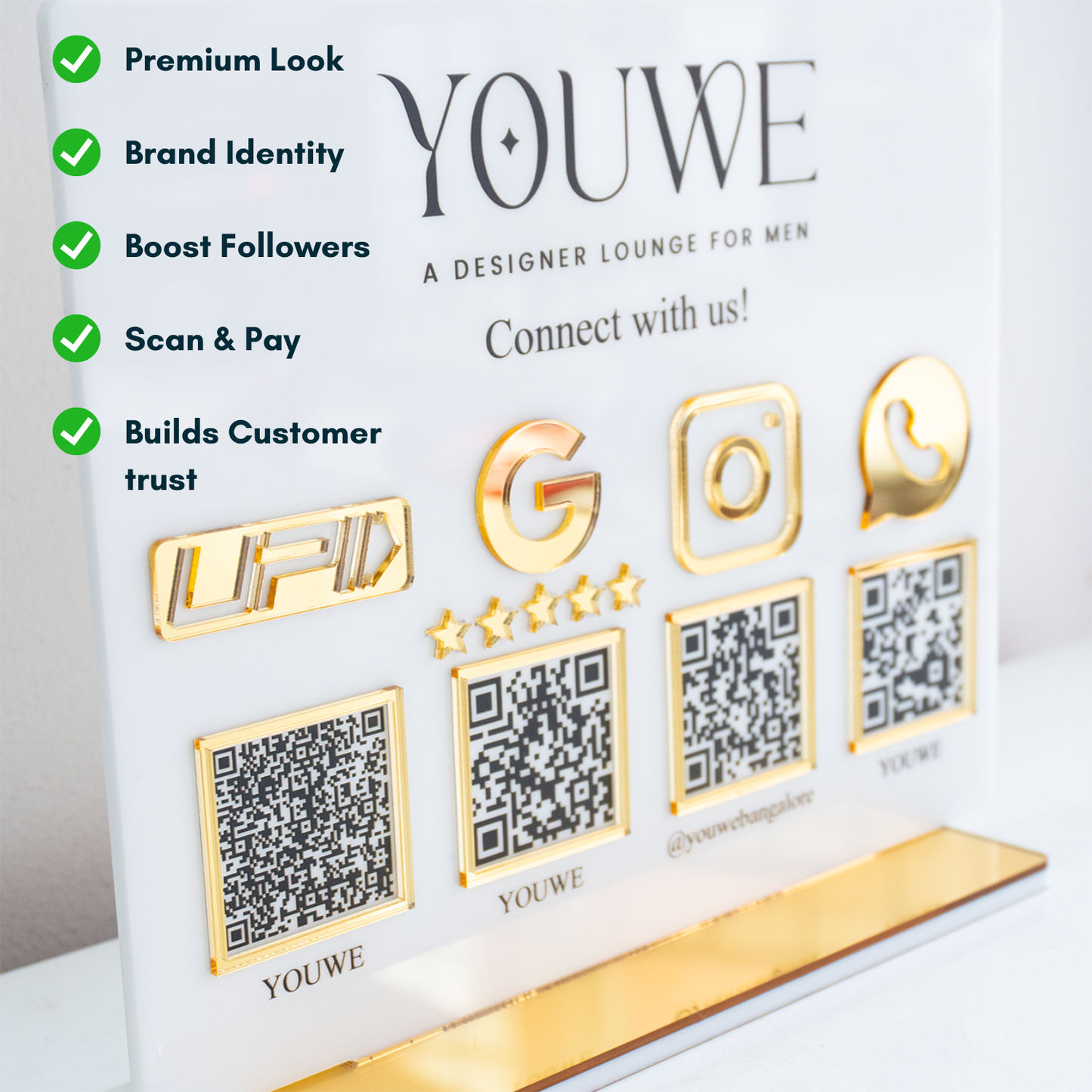 4-in-1 Premium Acrylic QR Code Stand for Countertop – Custom UPI Payment, Google Review, Instagram & WhatsApp Business Scanner Display Sign