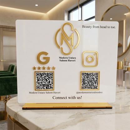 Custom Connect White QR Display Stand with 3D Logo - Follow & Google Review