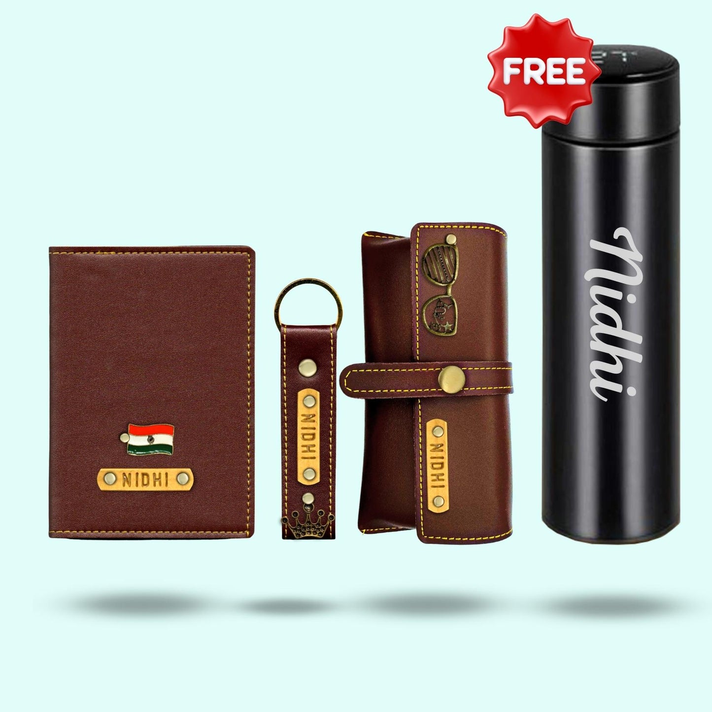Unisex Personalized Gift Set Hamper 4 in 1 - Dark Brown - Includes 1 Free Bottle