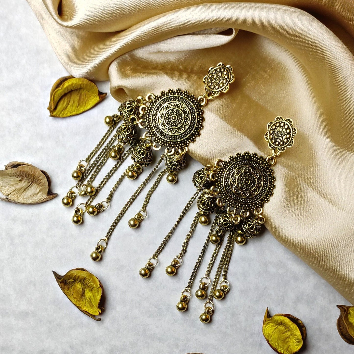 Gold Hanging Oxidised Jhumka Earring