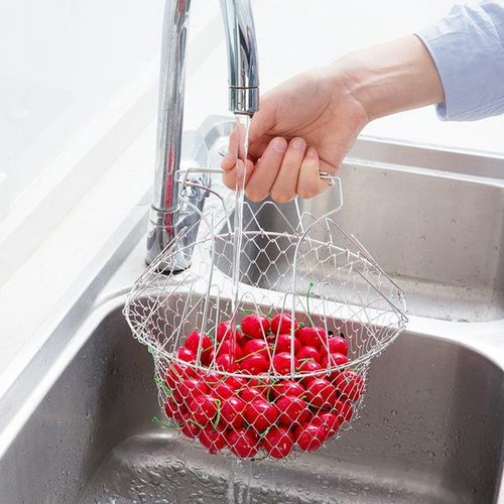 Fold-able stainless steel chef basket strainer net - steam, rinse, strain and fry