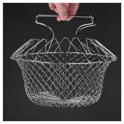 Fold-able stainless steel chef basket strainer net - steam, rinse, strain and fry