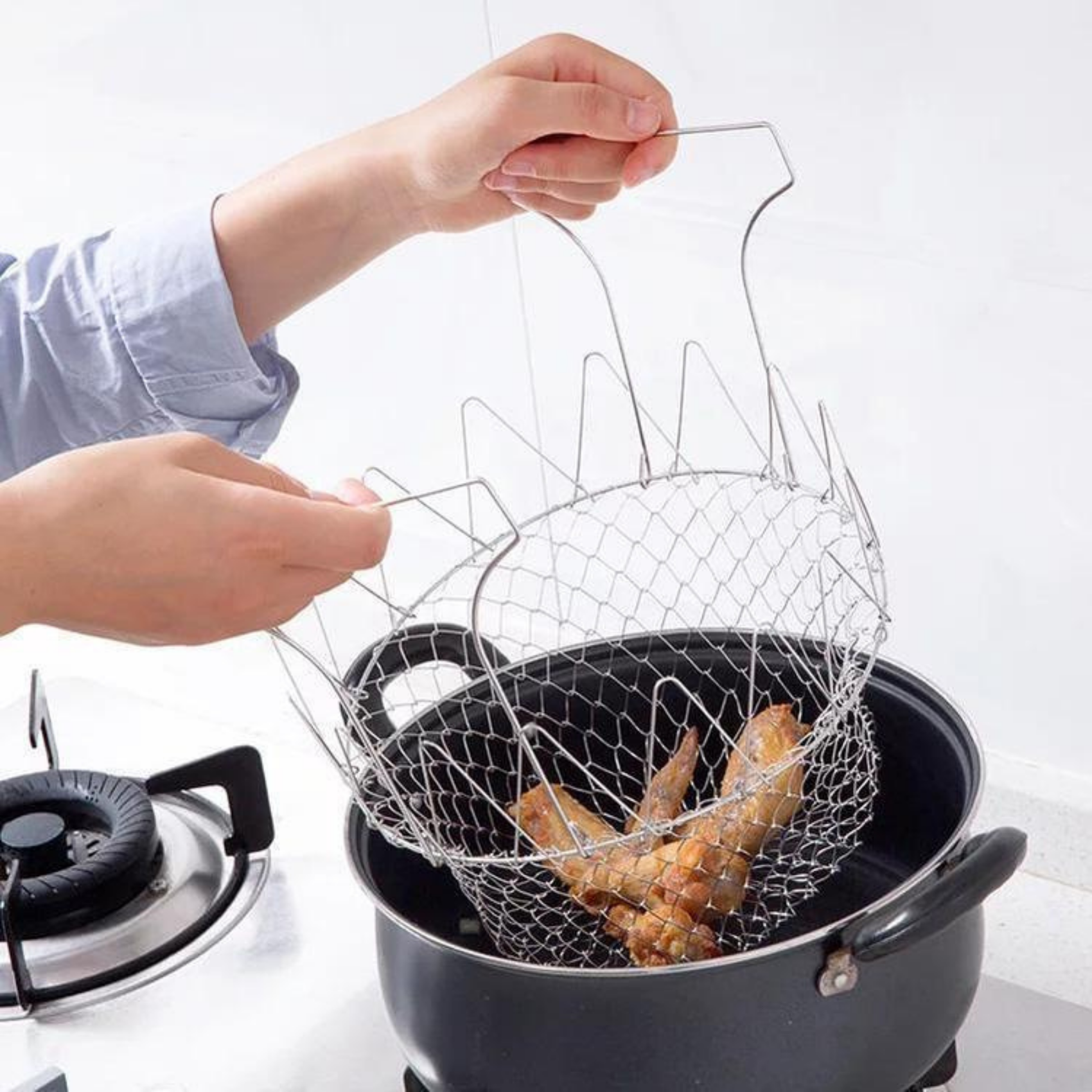 Fold-able stainless steel chef basket strainer net - steam, rinse, strain and fry