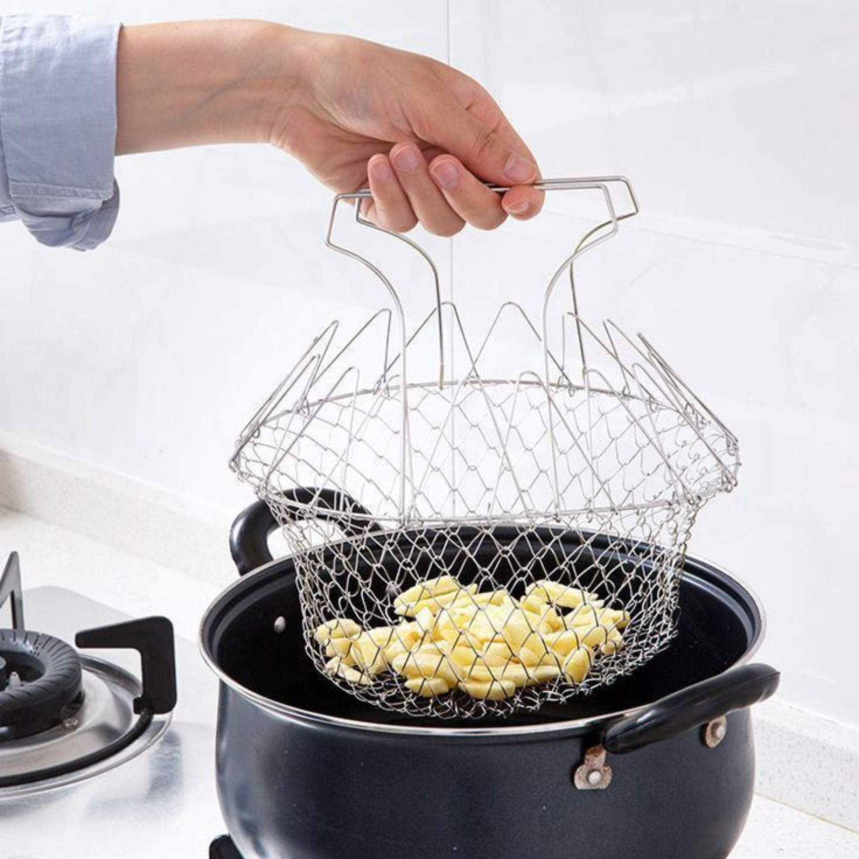 Fold-able stainless steel chef basket strainer net - steam, rinse, strain and fry